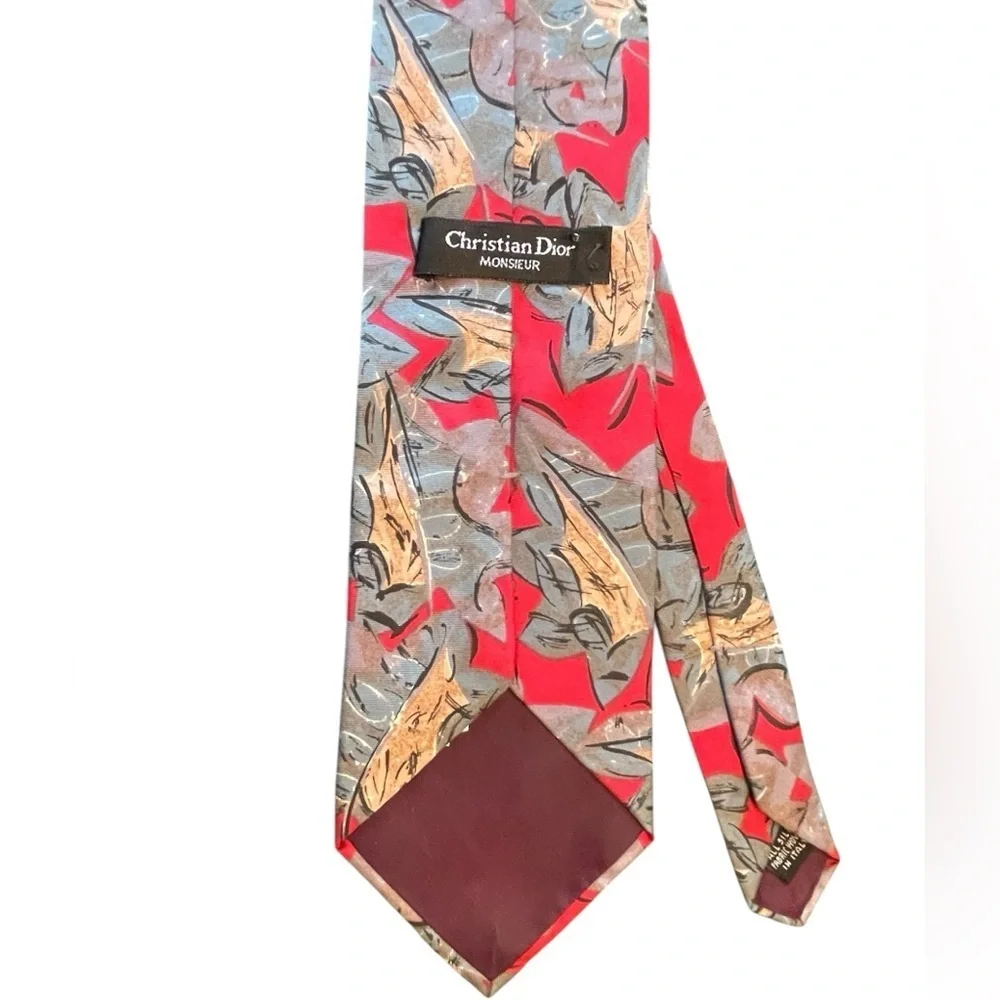 ❤️CHRISTIAN DIOR stylish vintage colorful men’s silk tie. Red. tan, Gray-teal.